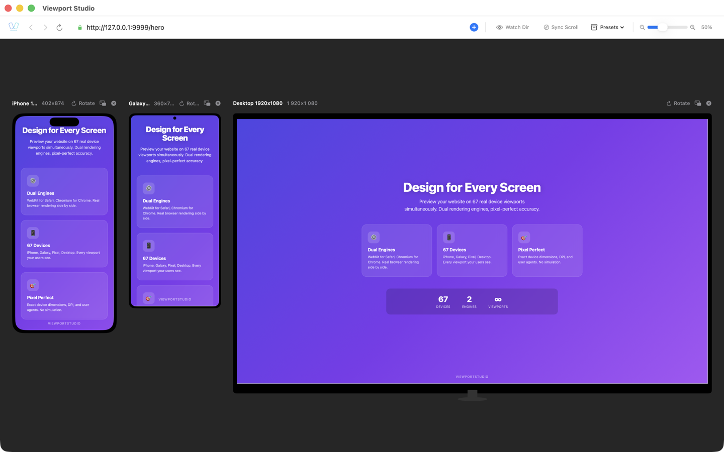 Viewport Studio с iPhone, Galaxy и Desktop рядом